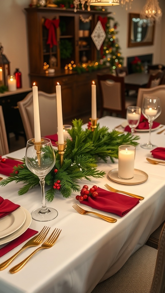 Elegant Christmas Dinner Table Ideas An elegantly decorated Christmas dinner table with white tablecloth, golden cutlery, red napkins, and a festive centerpiece.